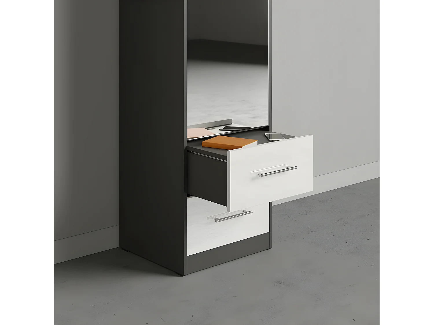 Lit escamotable +2 Placards Vertical 140x200+(50x2)cm Miroir Supérieur Anthracite/blanc brillant