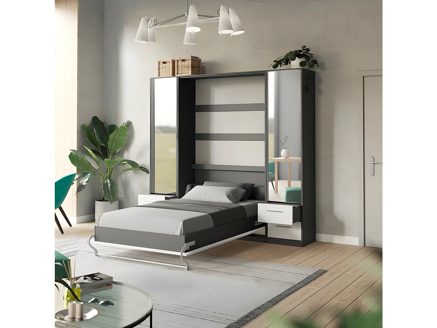 Lit escamotable +2 Placards Vertical 140x200+(50x2)cm Miroir Supérieur Anthracite/blanc brillant