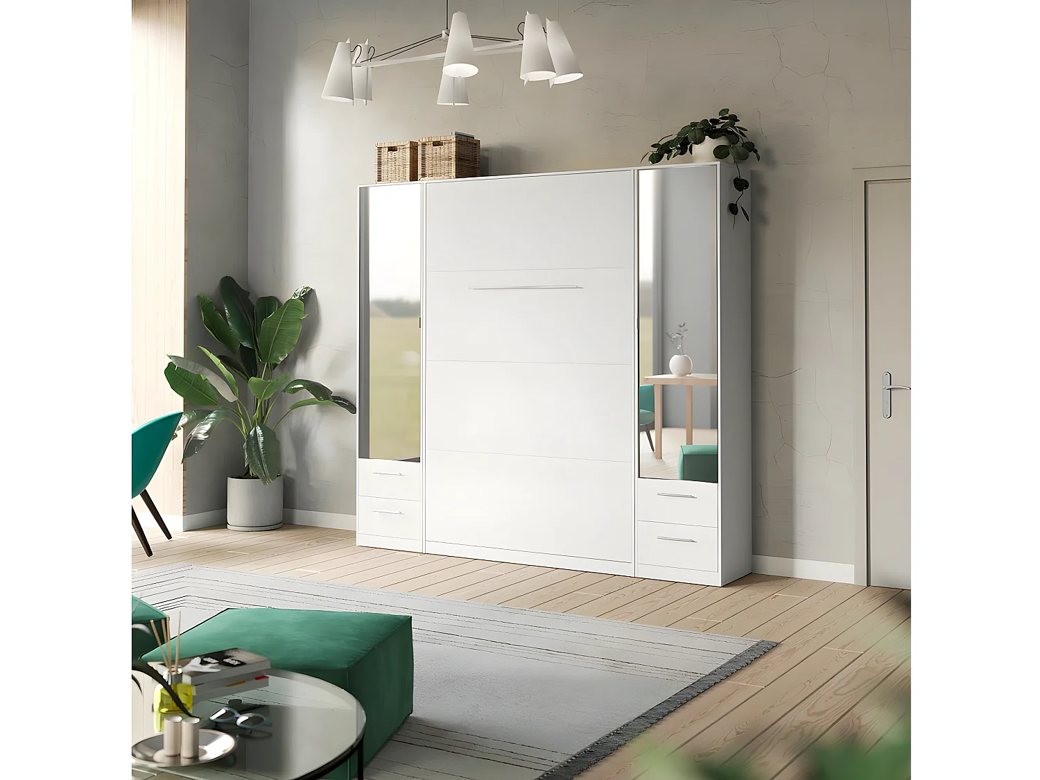 Lit escamotable +2 Placards Vertical 90x200+(50x2)cm Miroir Lit Mural  Blanc/blanc