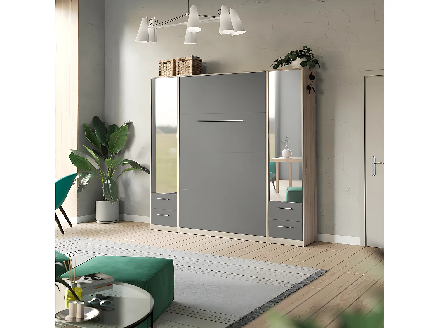 Lit escamotable +2 Placards Vertical 120x200+(50x2)cm Miroir Lit Mural Chêne Sonoma/Anthracite