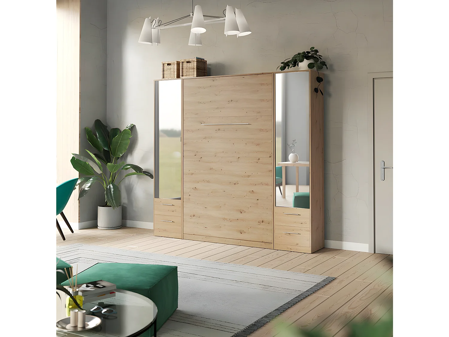 Lit escamotable +2 Placards Vertical 120x200+(50x2)cm Miroir Lit Mural Chêne Sauvage/Chêne Sauvage