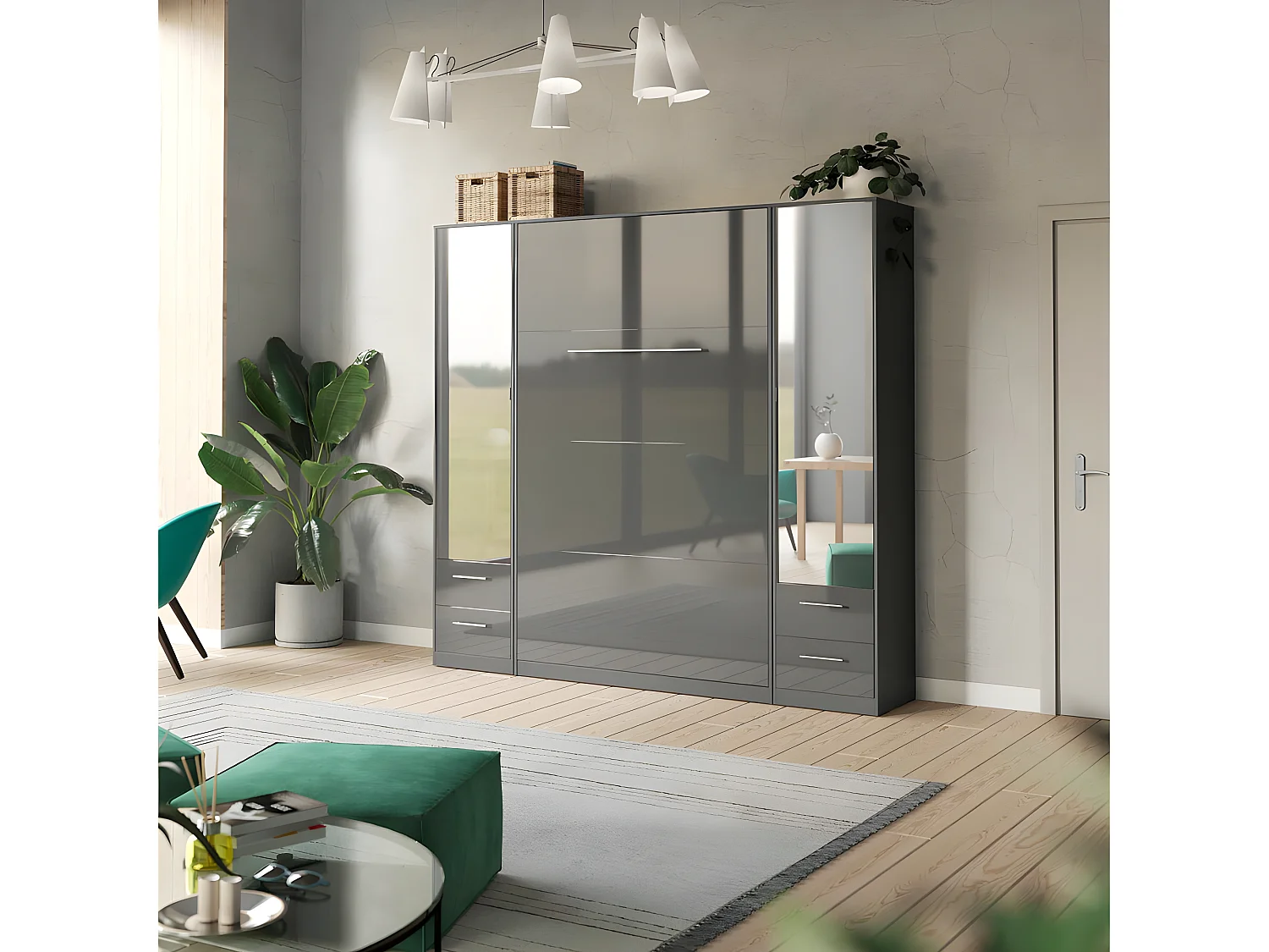 Lit escamotable +2 Placards Vertical 90x200+(50x2)cm Miroir Lit Mural Anthracite/Anthracite brillant