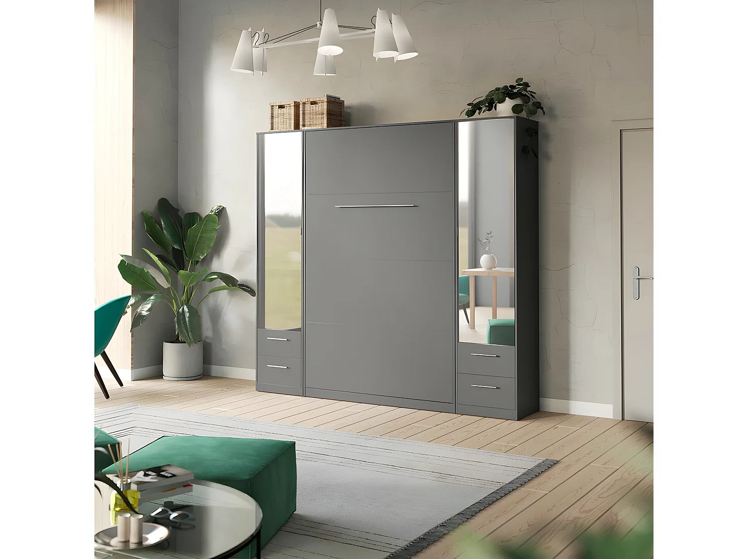 Lit escamotable +2 Placards Vertical 90x200+(50x2)cm Miroir Lit Mural  Anthracite/Anthracite