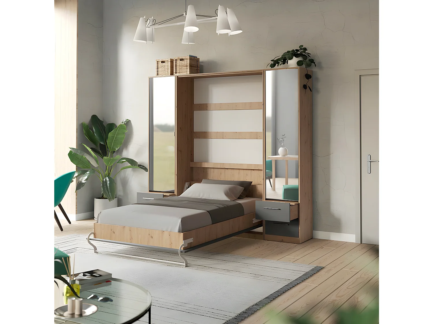 Lit escamotable +2 Placards Vertical 90x200+(50x2)cm Miroir Lit Mural  Chêne Sauvage/Anthracite