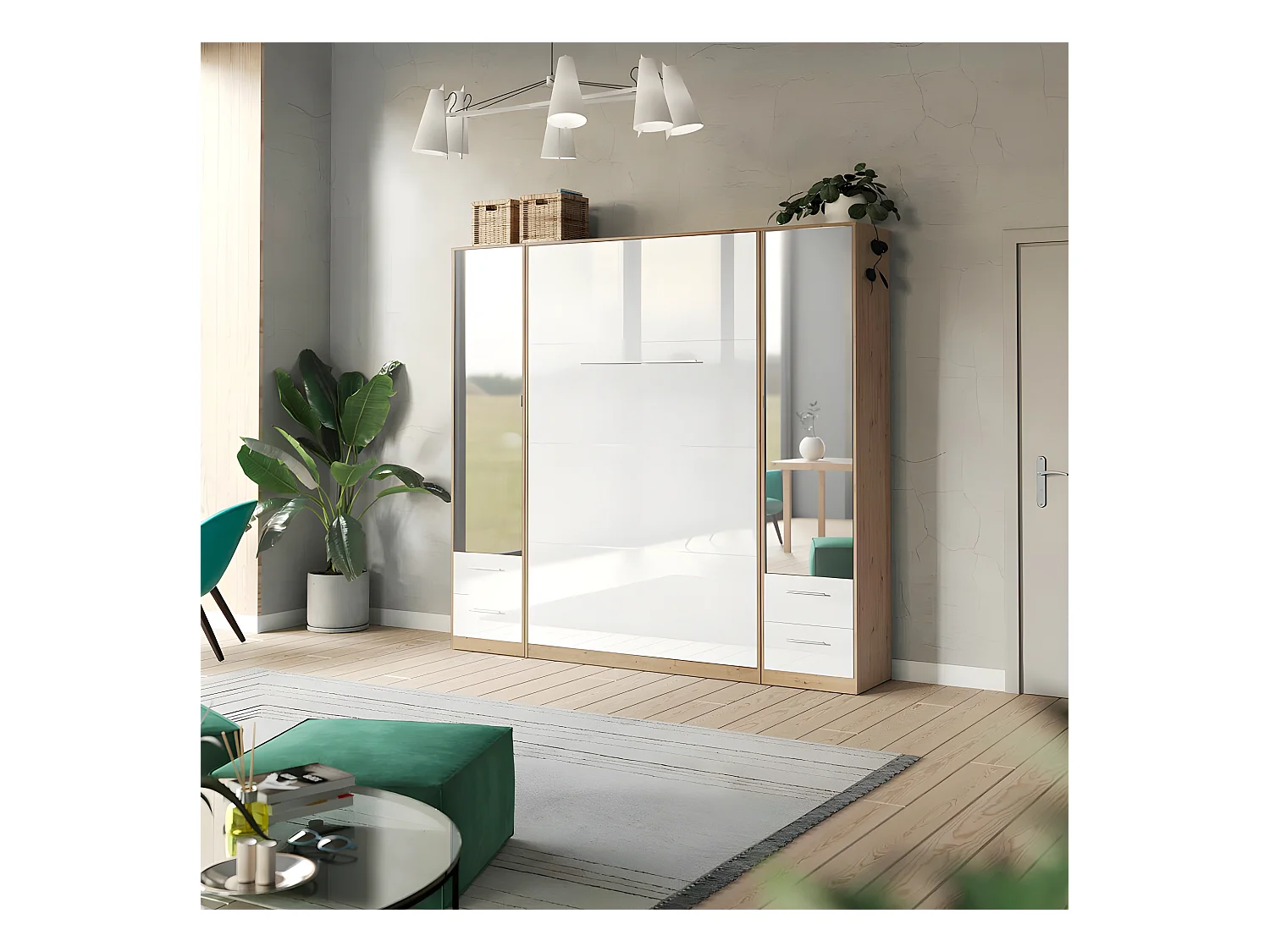 Lit escamotable +2 Placards Vertical 140x200+(50x2)cm Miroir Lit Mural Blanc/Blanc brillant