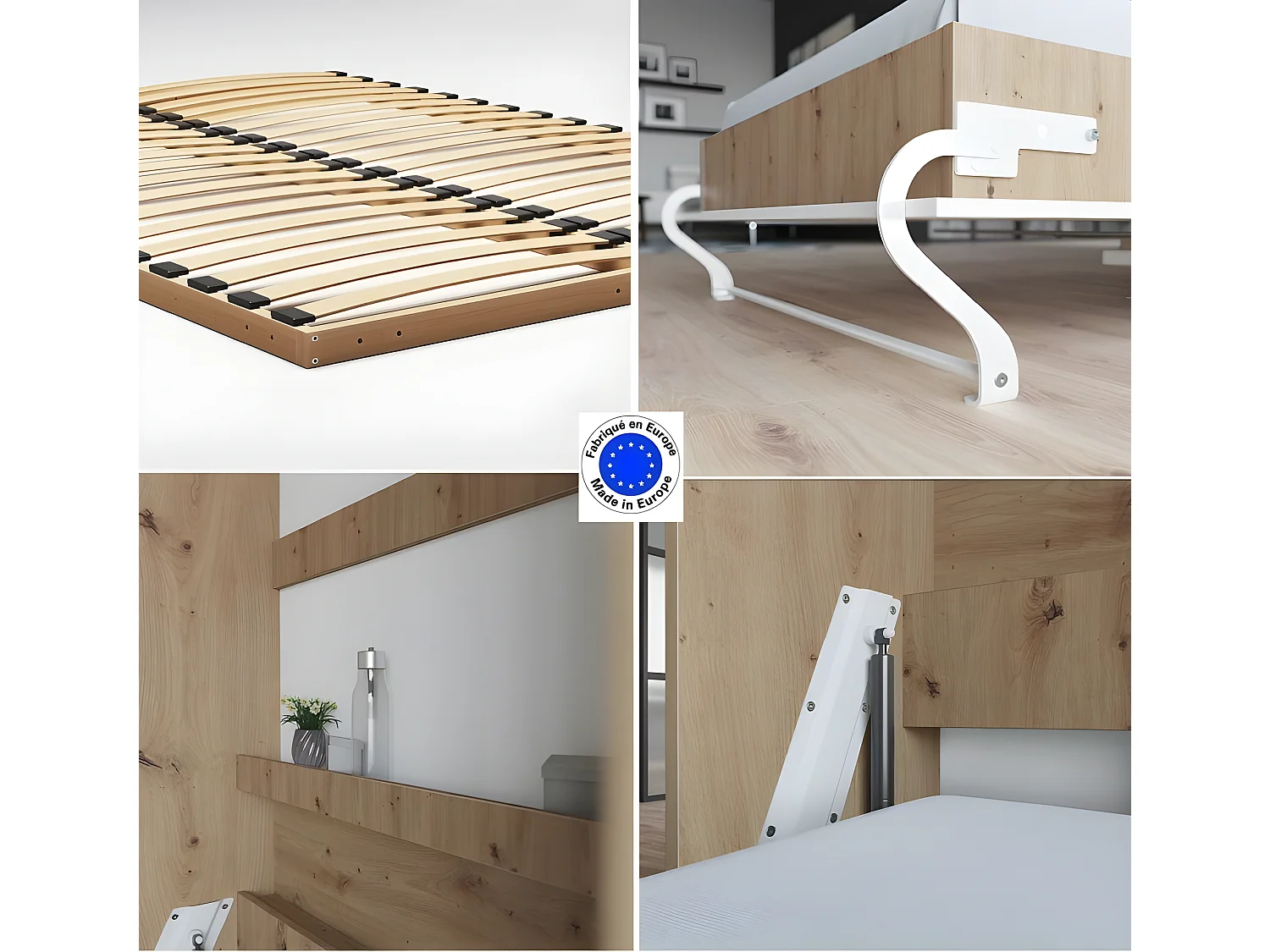 Lit escamotable +2 Placards Vertical 120x200+(50x2)cm Miroir Lit Mural Chêne Sauvage/blanc brillant