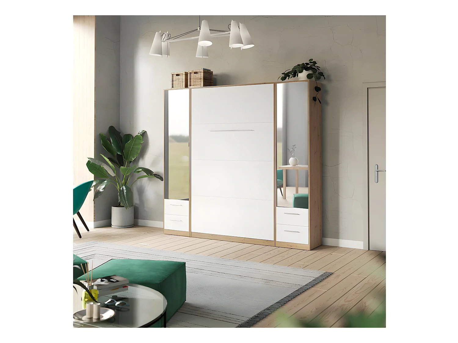 Lit escamotable +2 Placards Vertical 90x200+(50x2)cm Miroir Lit Mural  Chêne Sauvage/blanc