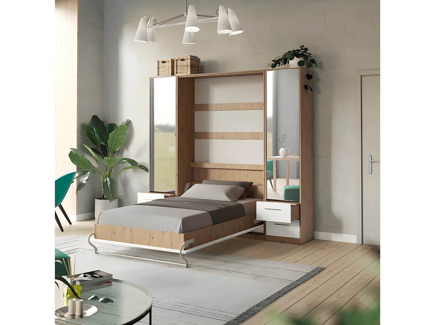 Lit escamotable +2 Placards Vertical 90x200+(50x2)cm Miroir Lit Mural  Chêne Sauvage/blanc