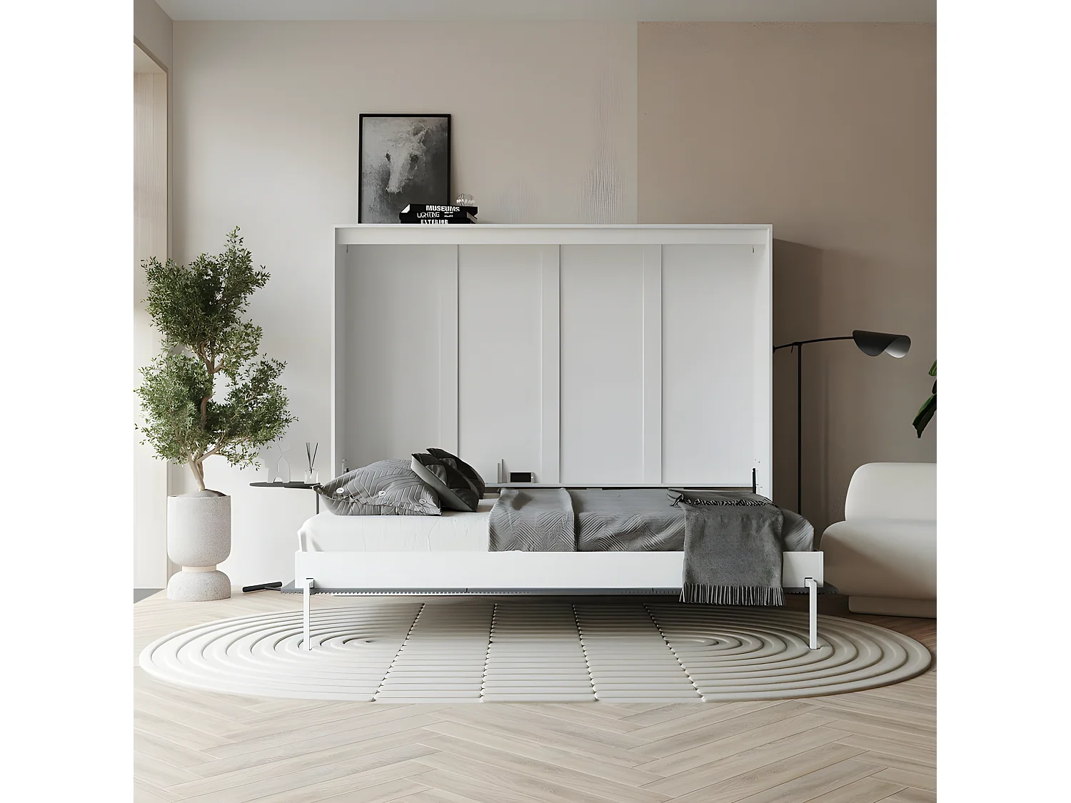 Armoire 160x200cm Horizontal Lit escamotable LUXUS Lit Rabattable Lit Mural Blanc/Anthracite