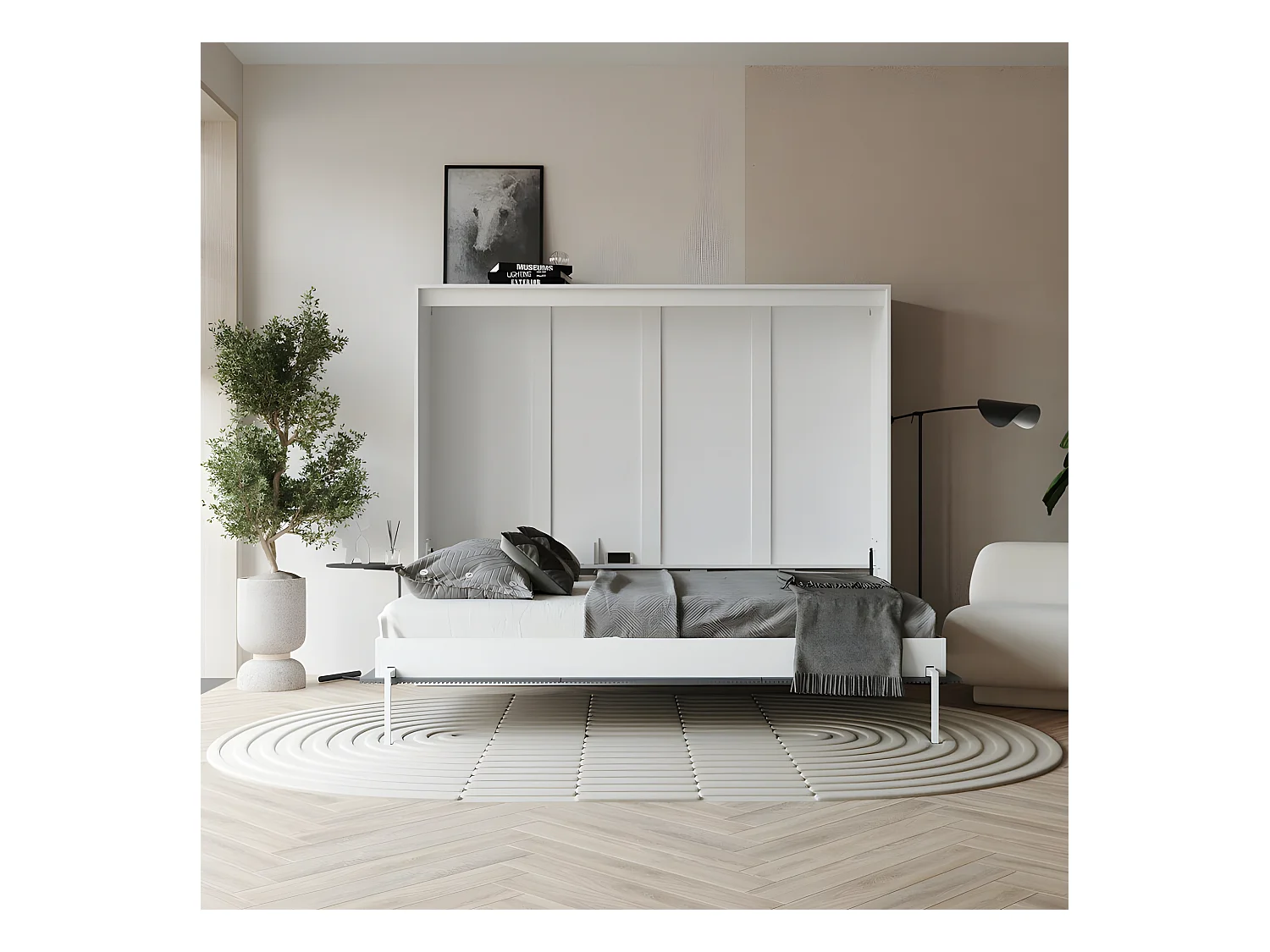 Armoire 160x200cm Horizontal Lit escamotable LUXUS Lit Rabattable Lit Mural Blanc/Anthracite