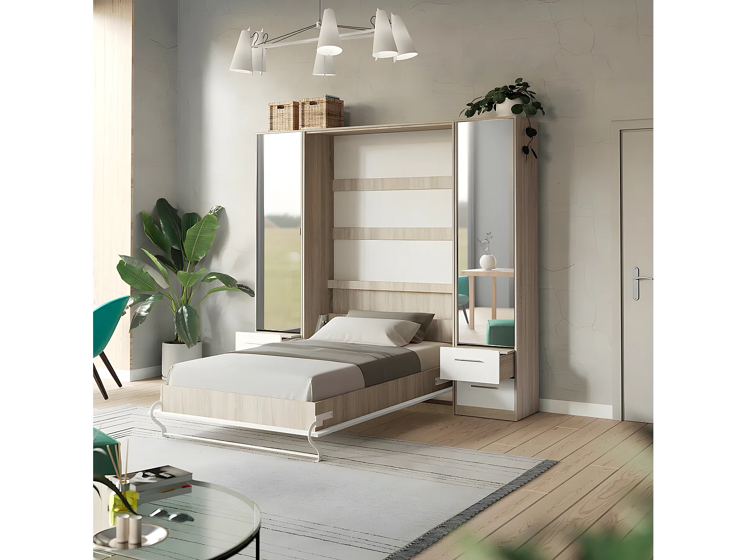 Lit escamotable +2 Placards Vertical 140x200+(50x2)cm Miroir Lit Mural Supérieur Chêne Sonoma/Blanc