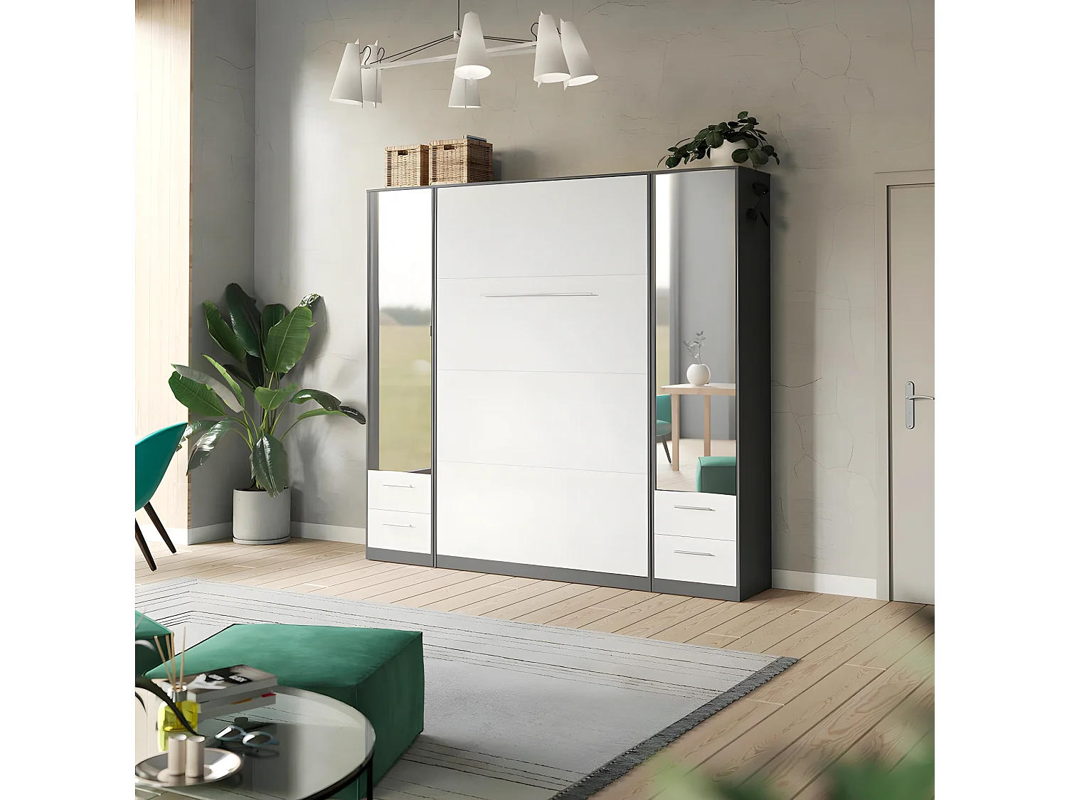 Lit escamotable +2 Placards Vertical 140x200+(50x2)cm Miroir Lit Mural Supérieur Anthracite/Blanc