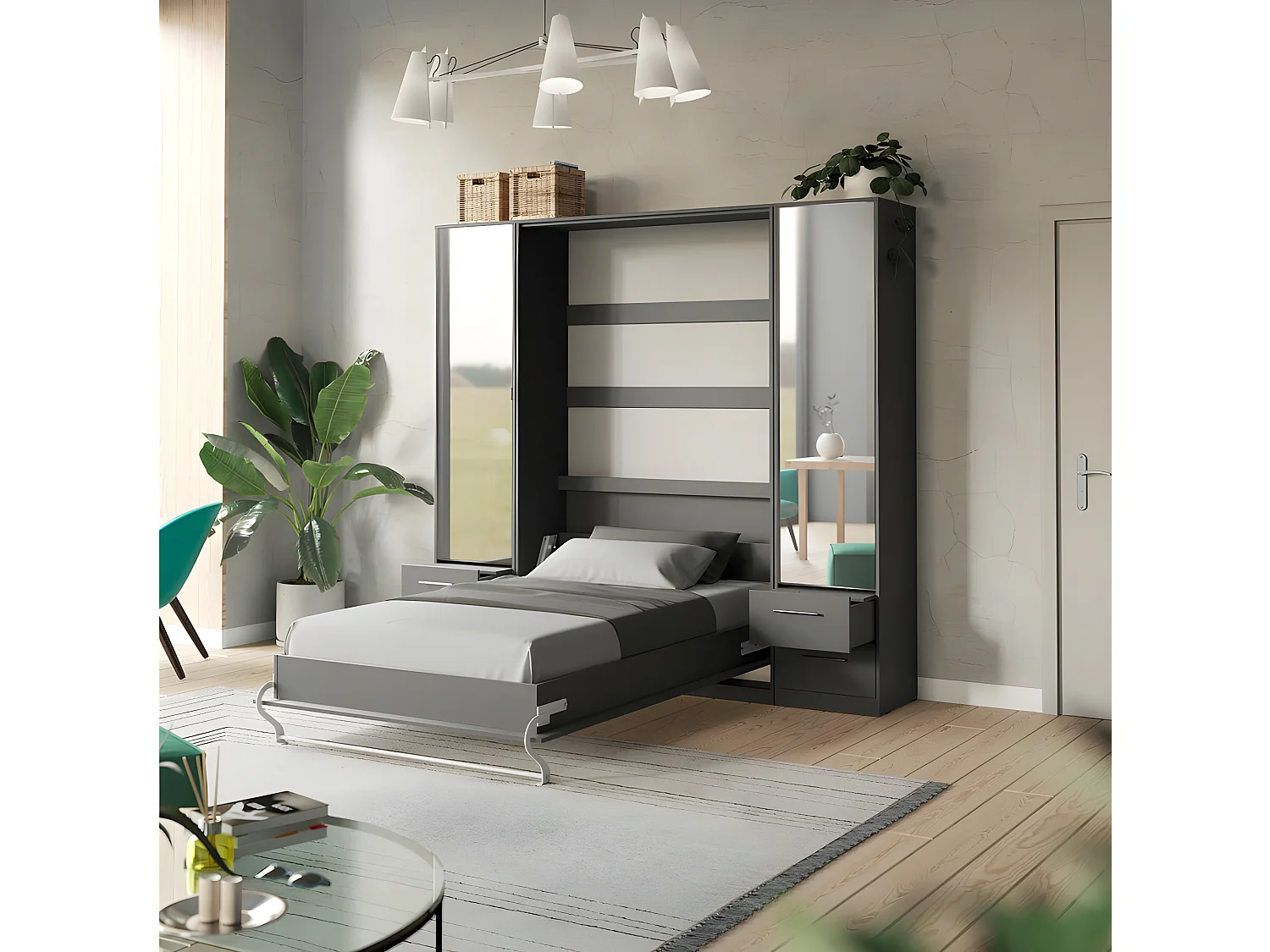 Lit escamotable +2 Placards Vertical 140x200+(50x2)cm Miroir Lit Mural Anthracite/Anthracite