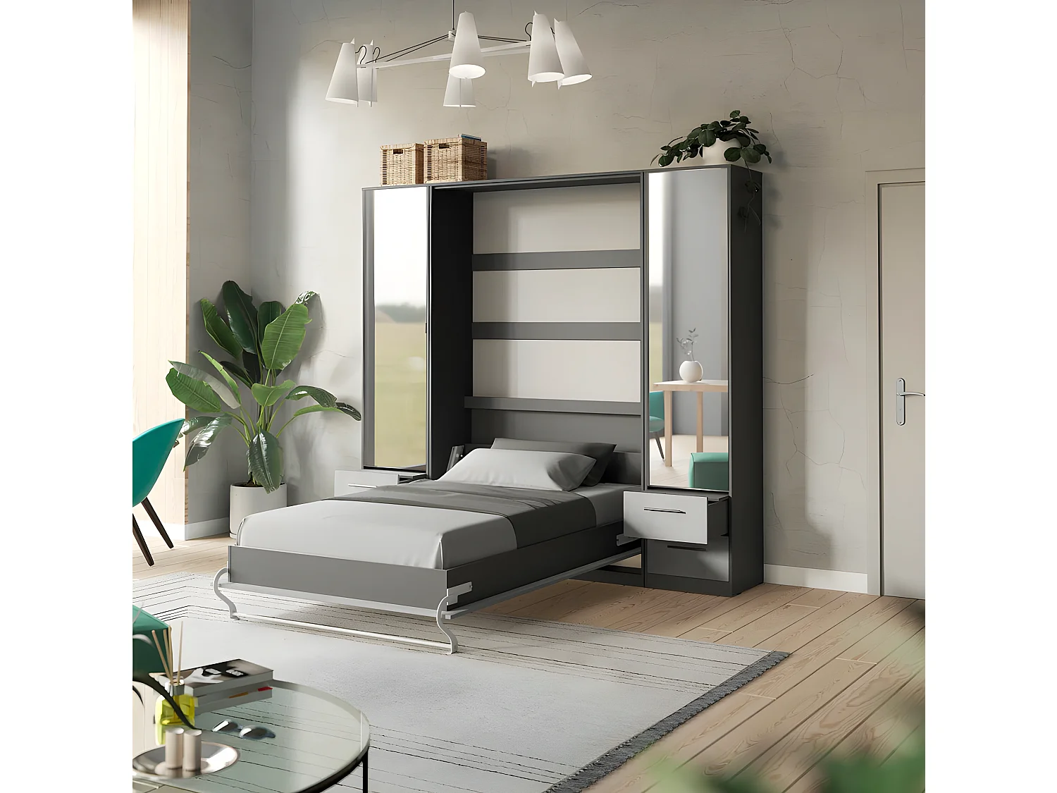 Lit escamotable +2 Placards Vertical 90x200+(50x2)cm Miroir Lit Mural  Anthracite/Béton