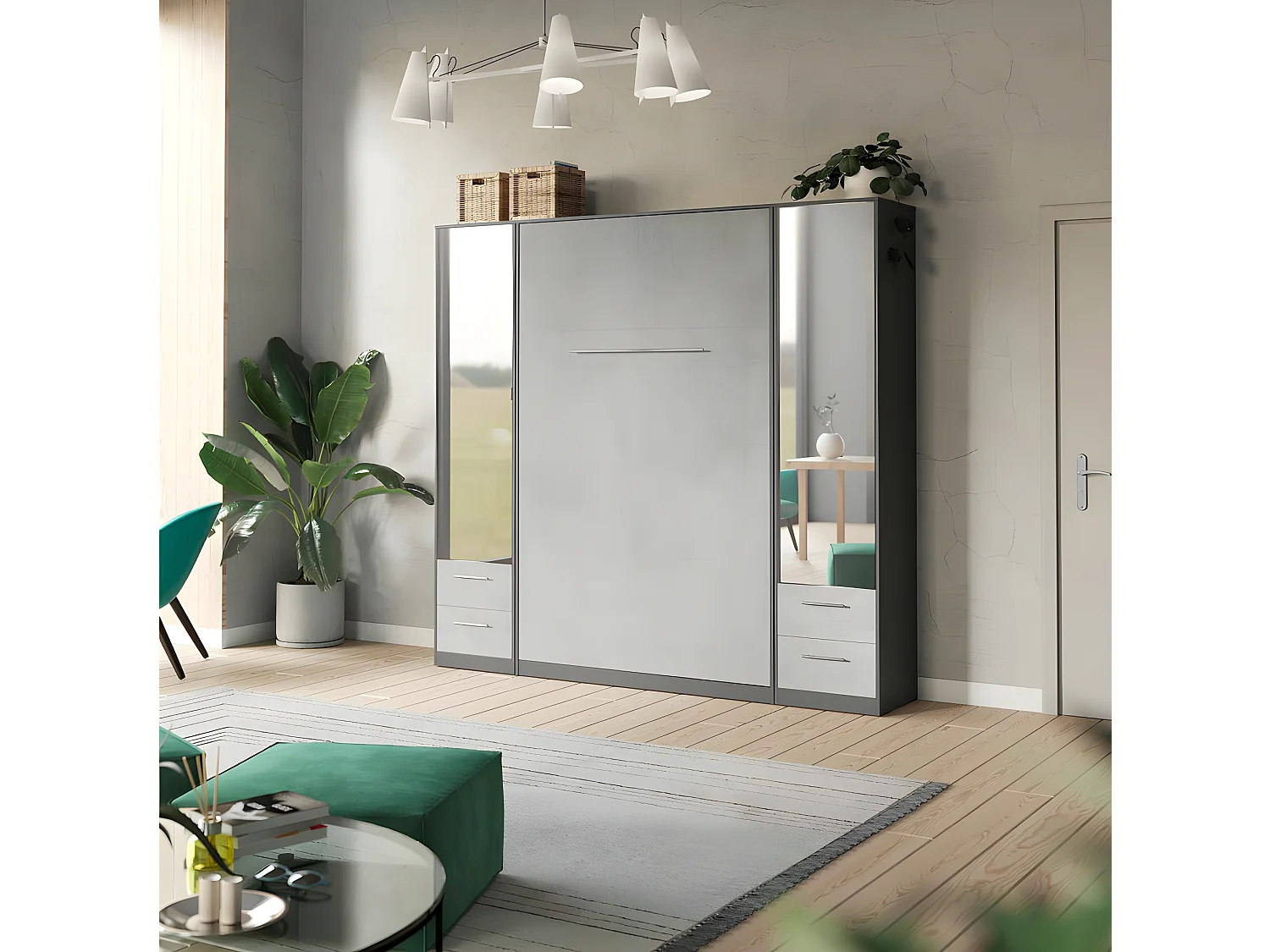 Lit escamotable +2 Placards Vertical 90x200+(50x2)cm Miroir Lit Mural  Anthracite/Béton