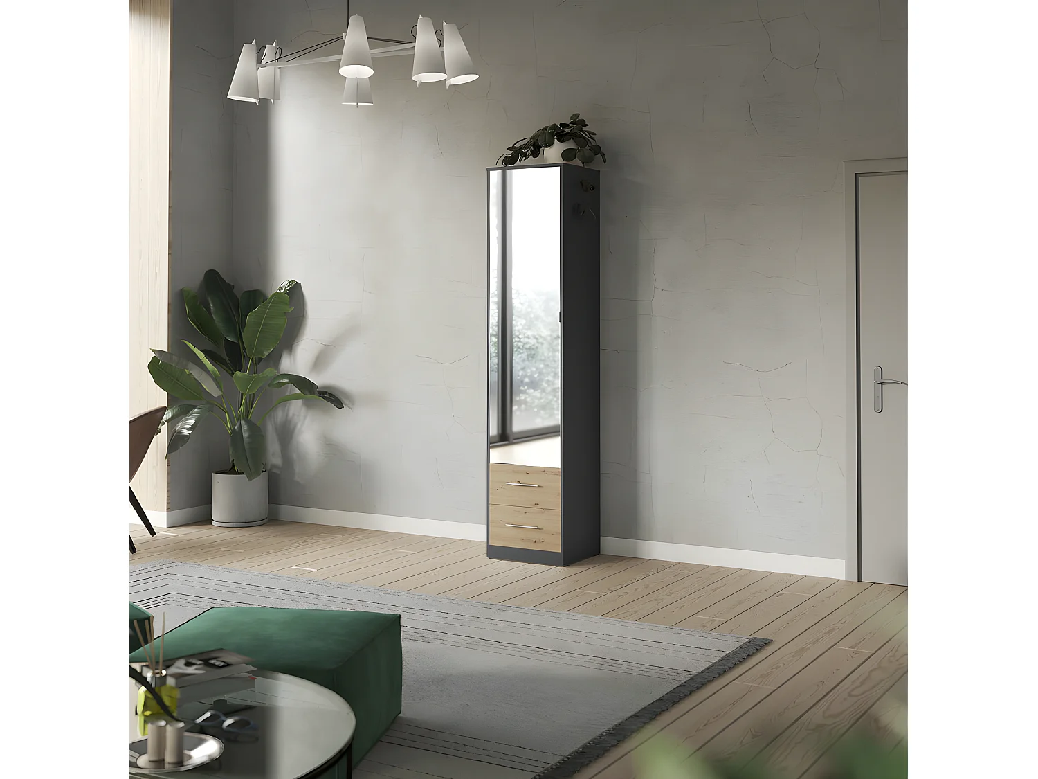 Lit escamotable +2 Placards Vertical 140x200+(50x2)cm Miroir Lit Mural Anthracite/Chêne sauvage