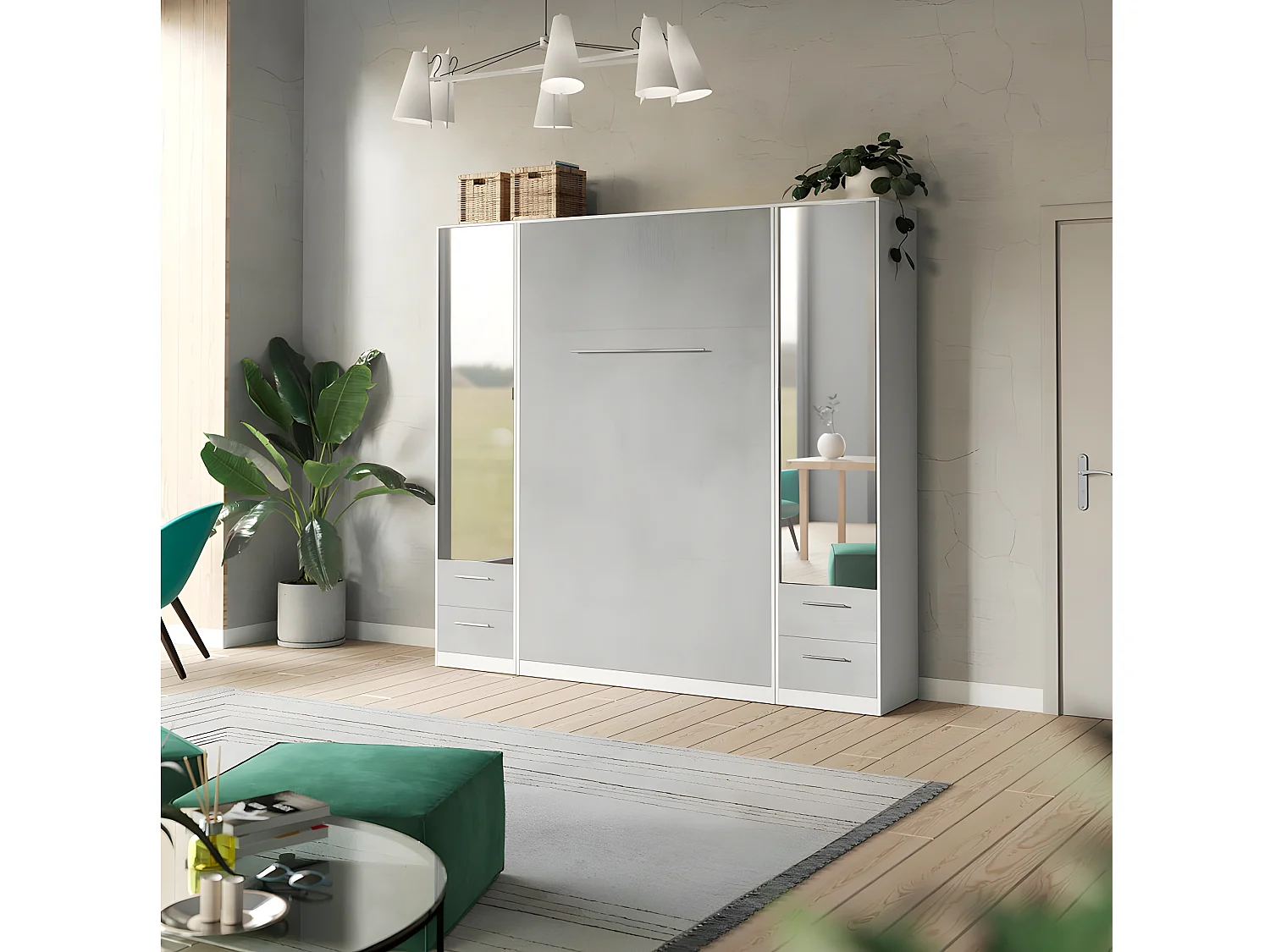 Lit escamotable +2 Placards Vertical 120x200+(50x2)cm Miroir Lit Mural Blanc/Béton