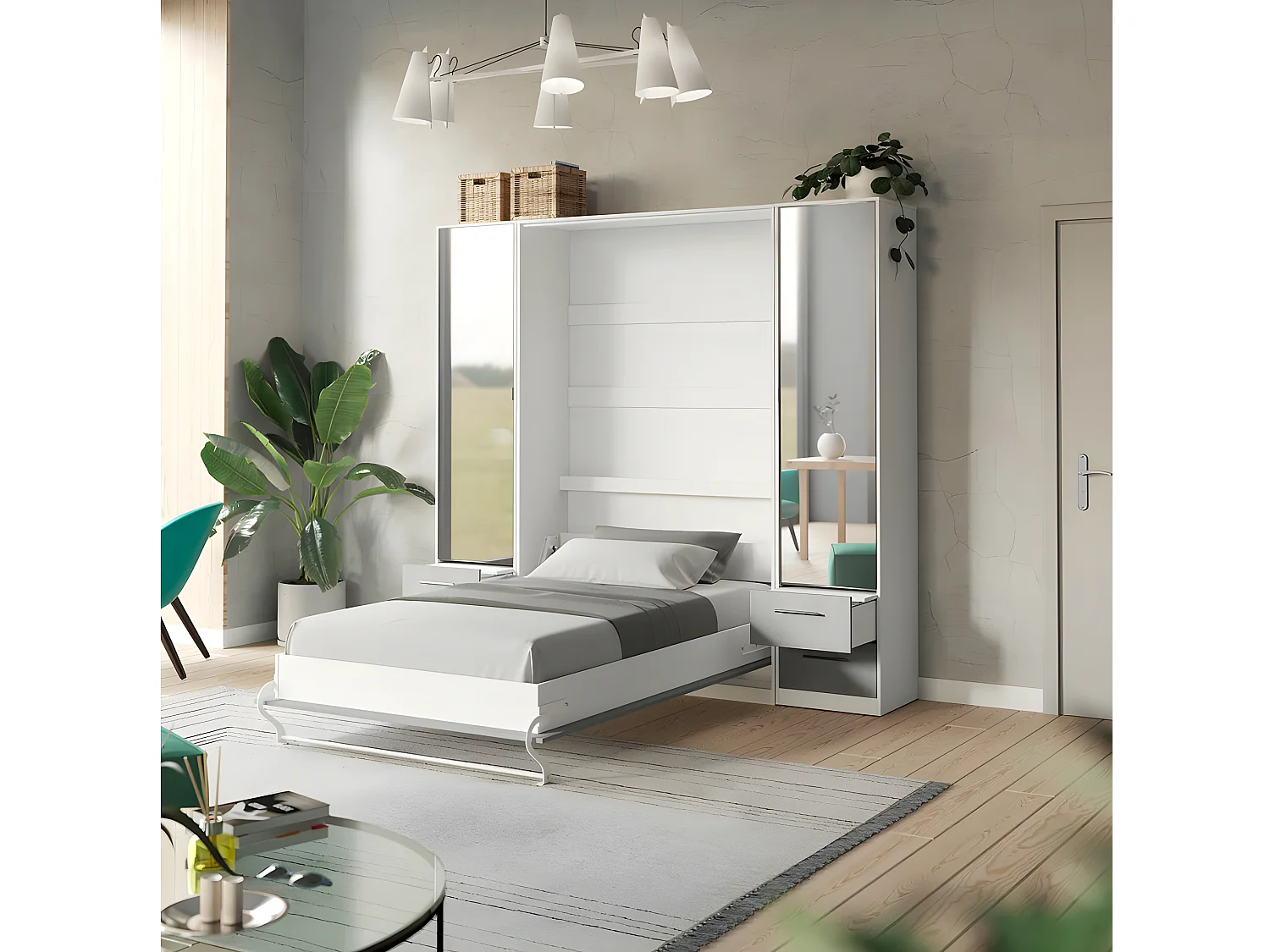 Lit escamotable +2 Placards Vertical 120x200+(50x2)cm Miroir Lit Mural Blanc/Béton