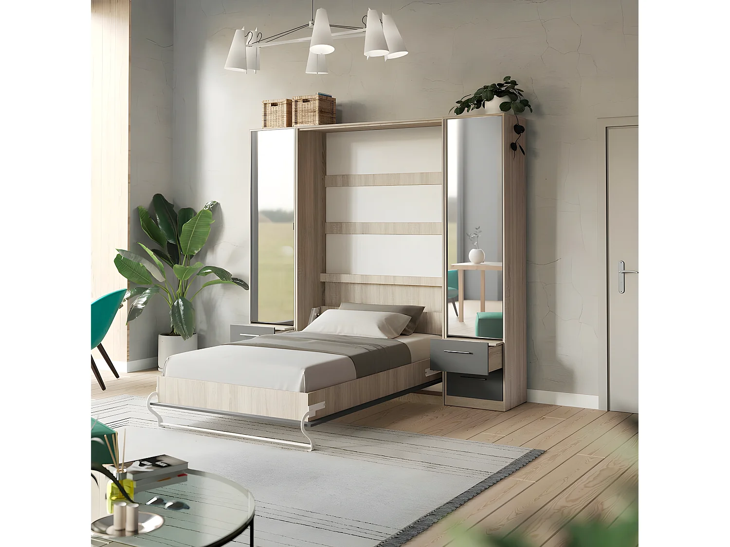 Lit escamotable +2 Placards Vertical 90x200+(50x2)cm Miroir Lit Mural  Chêne Sonoma/Anthracite