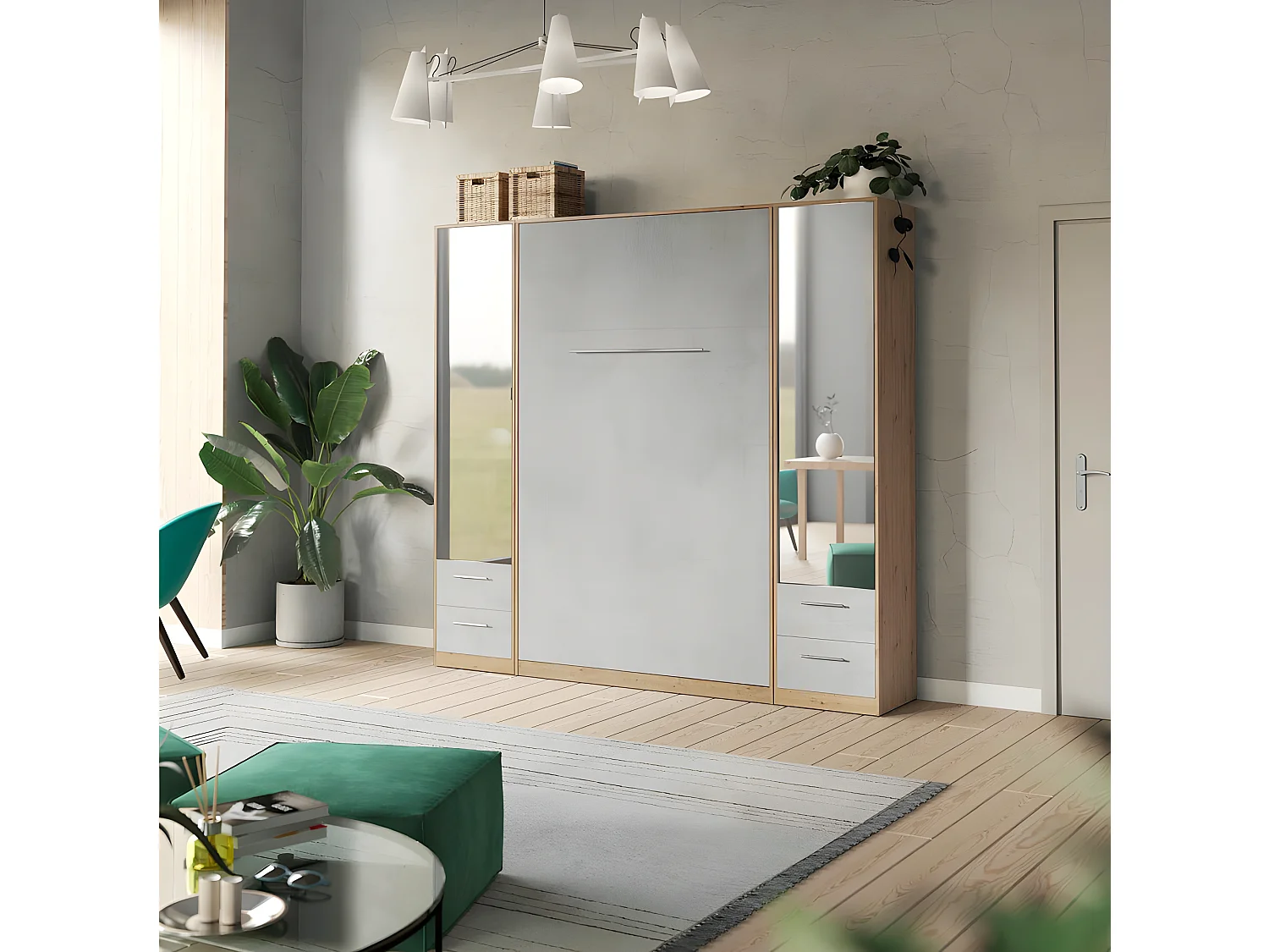 Lit escamotable +2 Placards Vertical 140x200+(50x2)cm Miroir Lit Mural Chêne Sauvage/Béton