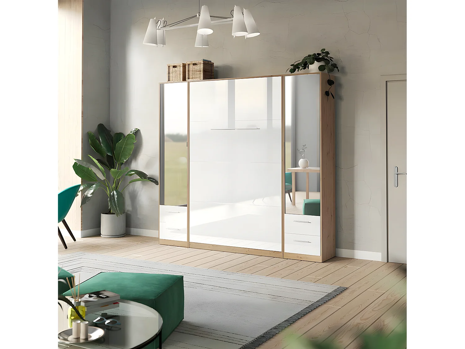 Lit escamotable +2 Placards Vertical 140x200+(50x2)cm Miroir Supérieur Chêne Sauvage/blanc brillant