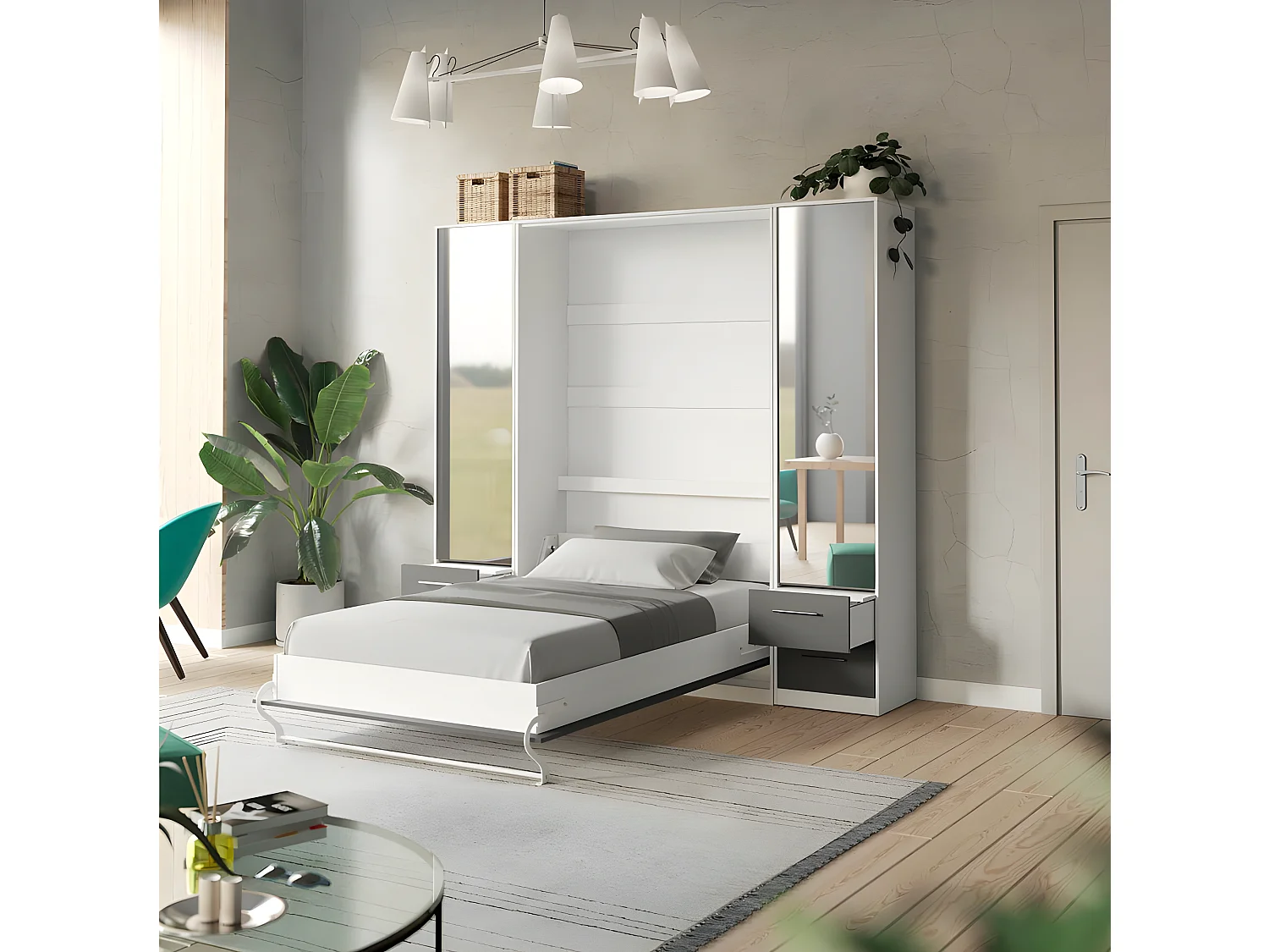 Lit escamotable +2 Placards Vertical 140x200+(50x2)cm Miroir Lit Mural Supérieur Blanc/Anthracite