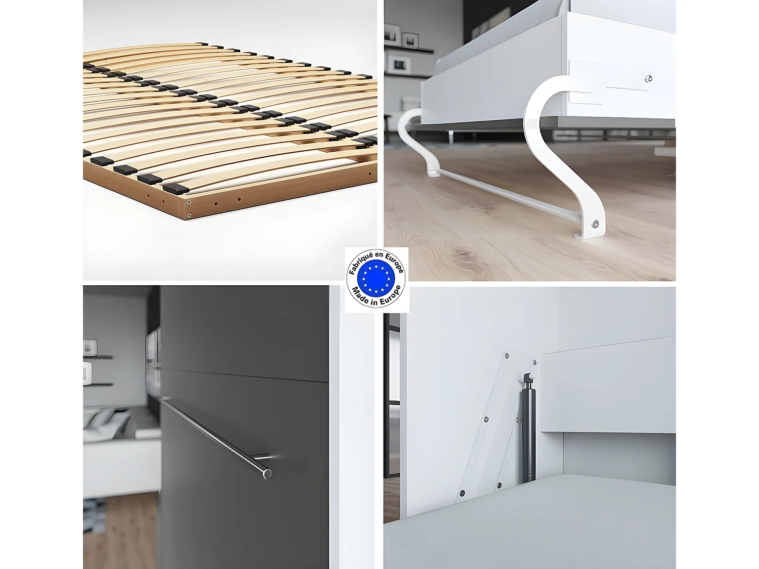 Lit escamotable +2 Placards Vertical 140x200+(50x2)cm Miroir Lit Mural Supérieur Blanc/Anthracite