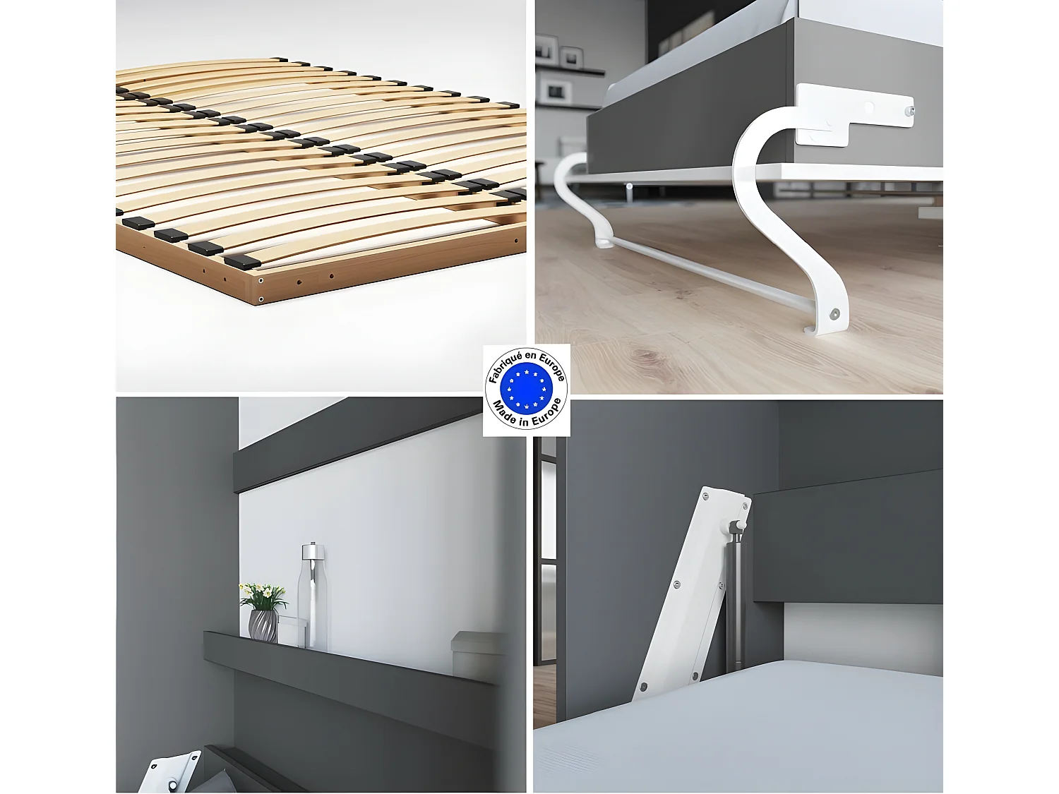 Lit escamotable +2 Placards Vertical 140x200+(50x2)cm Miroir Anthracite/Anthracite brillant