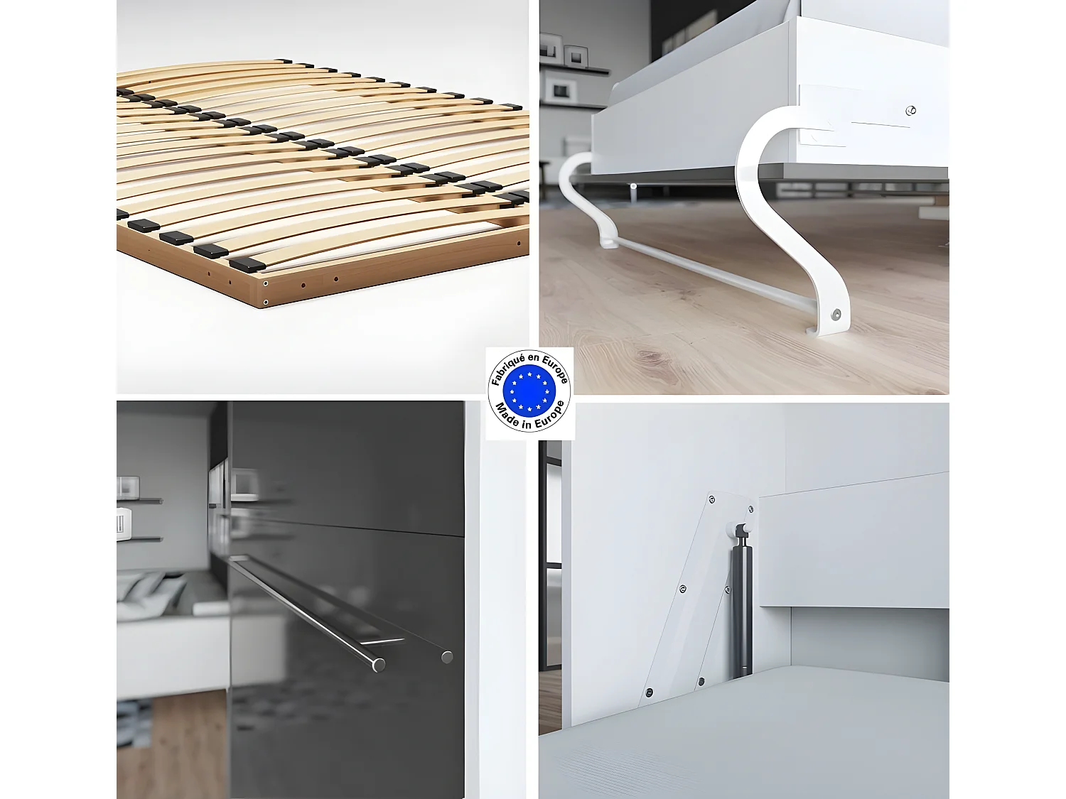 Lit escamotable +2 Placards Vertical 120x200+(50x2)cm Miroir Lit Mural Blanc/Anthracite Brillant