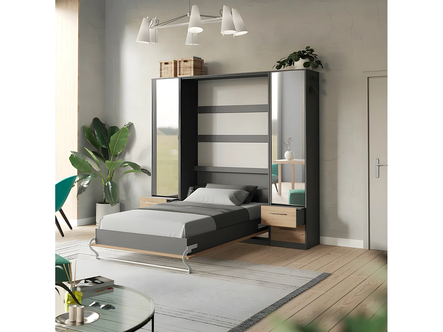 Lit escamotable +2 Placards Vertical 90x200+(50x2)cm Miroir Lit Mural  Anthracite/Chêne sauvage