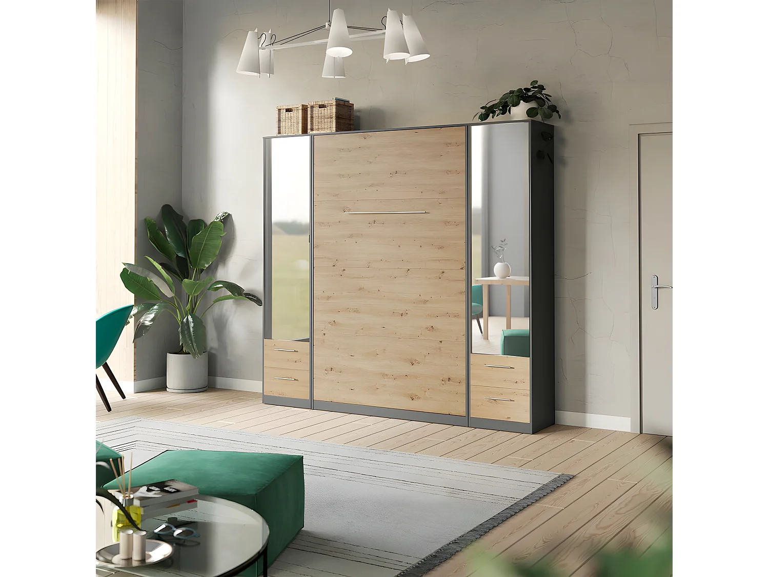 Lit escamotable +2 Placards Vertical 90x200+(50x2)cm Miroir Lit Mural  Anthracite/Chêne sauvage