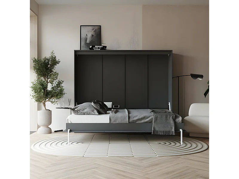 Armoire 160x200cm Horizontal Lit escamotable LUXUS Lit Rabattable Lit Mural Anthracite