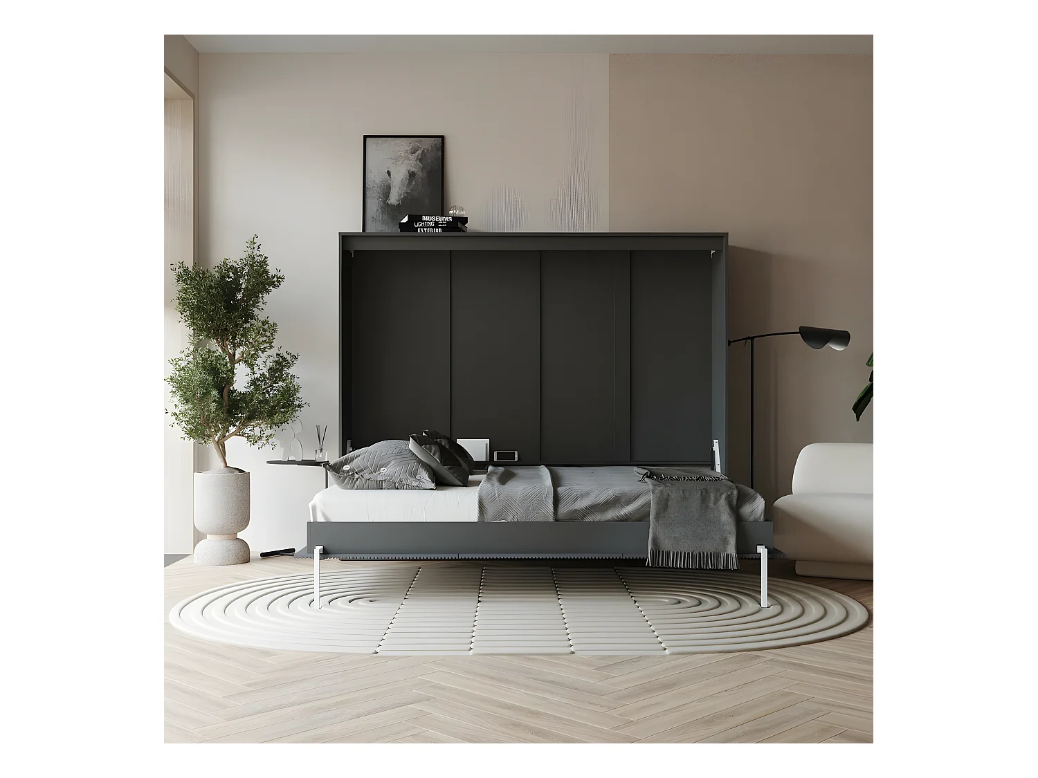 Armoire 160x200cm Horizontal Lit escamotable LUXUS Lit Rabattable Lit Mural Anthracite