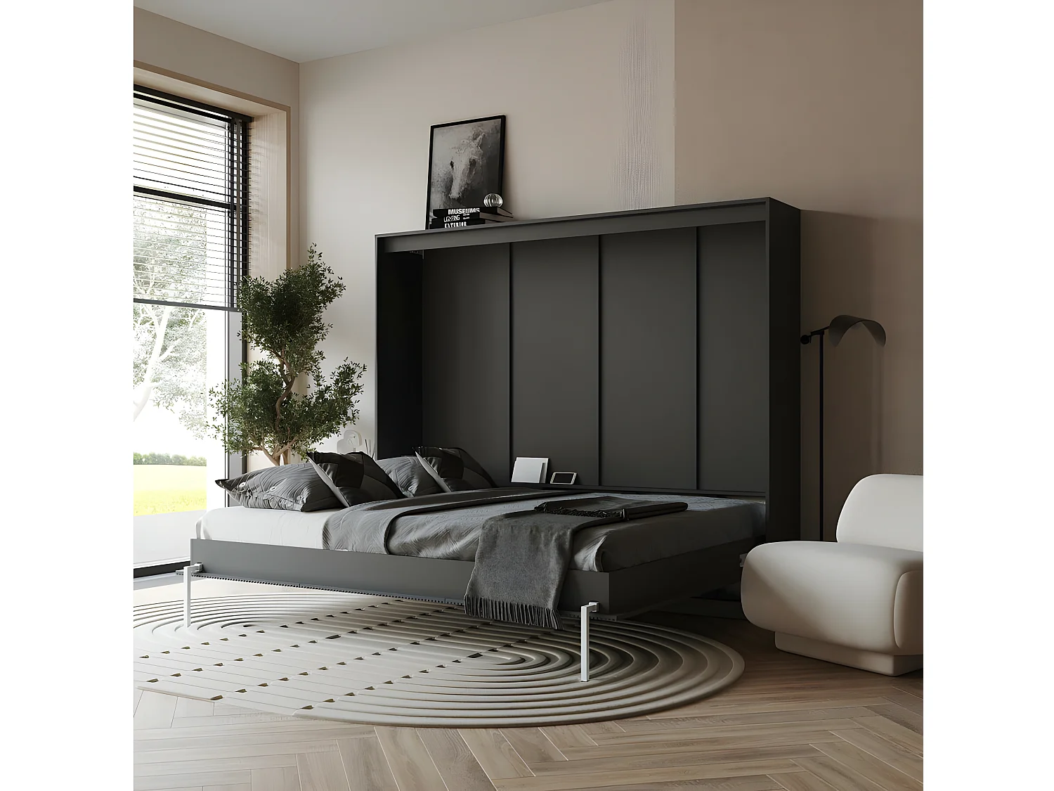 Armoire 160x200cm Horizontal Lit escamotable LUXUS Lit Rabattable Lit Mural Anthracite