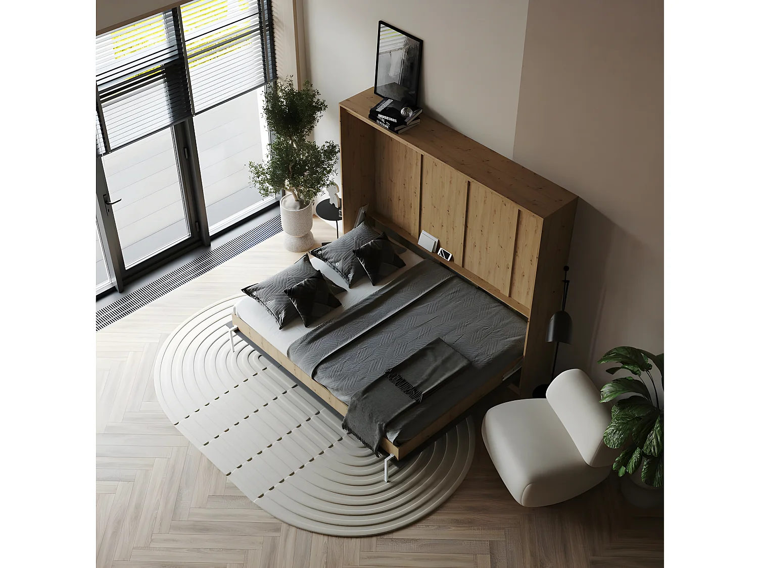 Armoire 160x200cm Horizontal Lit escamotable LUXUS Lit Rabattable Lit Mural couleur Chêne/Anthracite