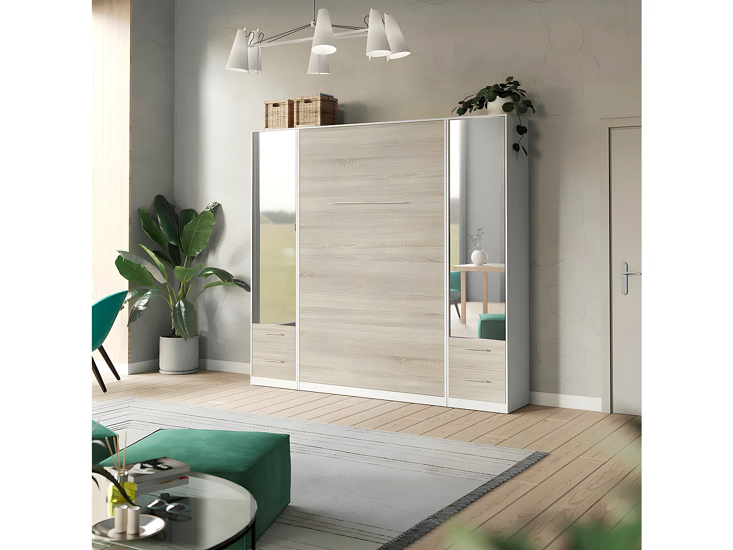 Lit escamotable +2 Placards Vertical 90x200+(50x2)cm Miroir Lit Mural  Blanc /Chêne Sonoma