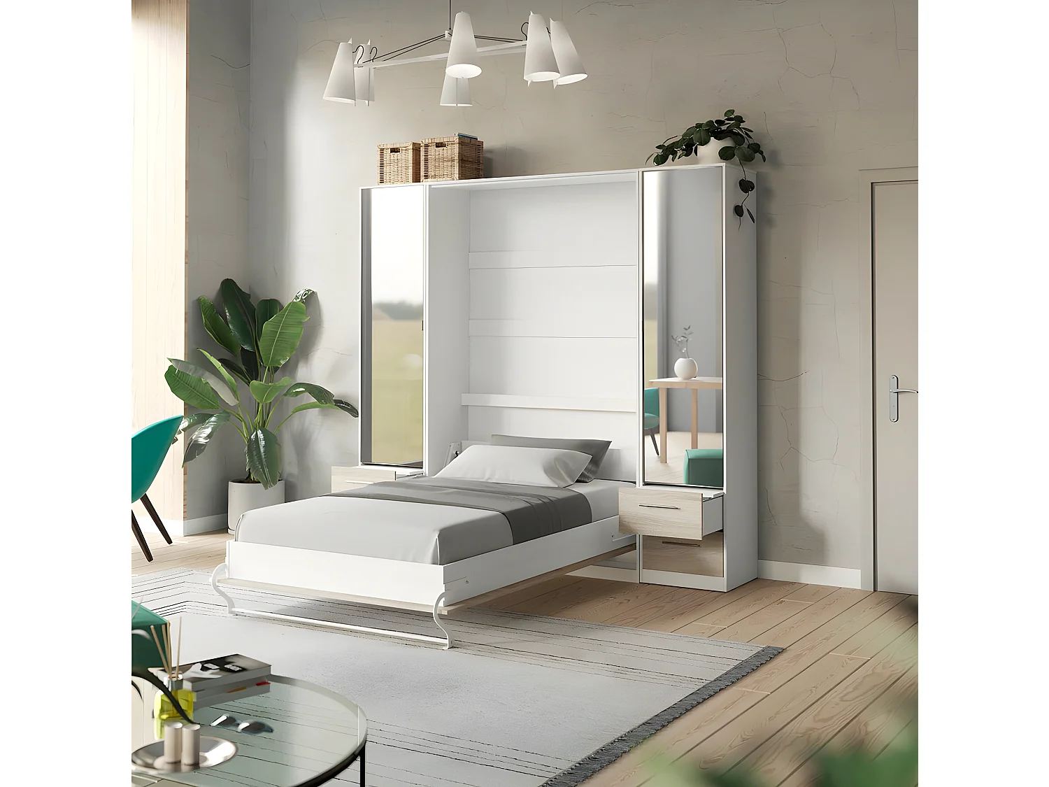 Lit escamotable +2 Placards Vertical 90x200+(50x2)cm Miroir Lit Mural  Blanc /Chêne Sonoma