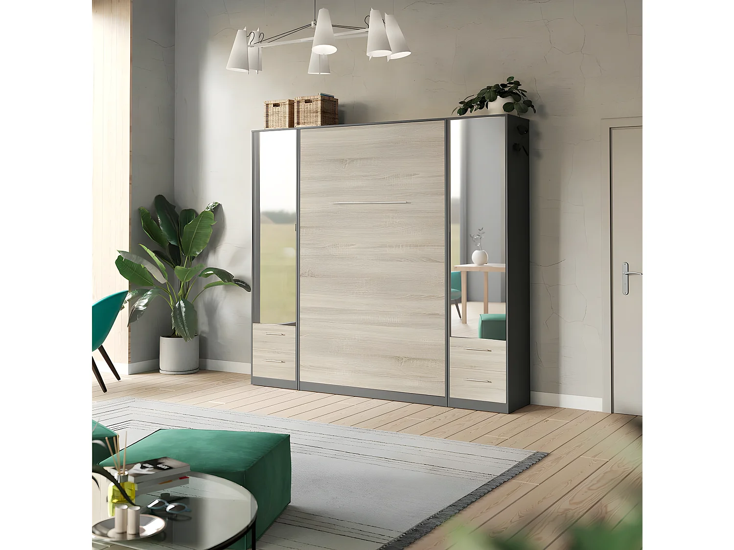 Lit escamotable +2 Placards Vertical 140x200+(50x2)cm Miroir Lit Mural Anthracite/Chêne Sonoma