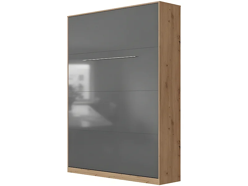 Lit escamotable +2 Placards Vertical 140x200+(50x2)cm Miroir Supérieur Chêne/Anthracite brillant