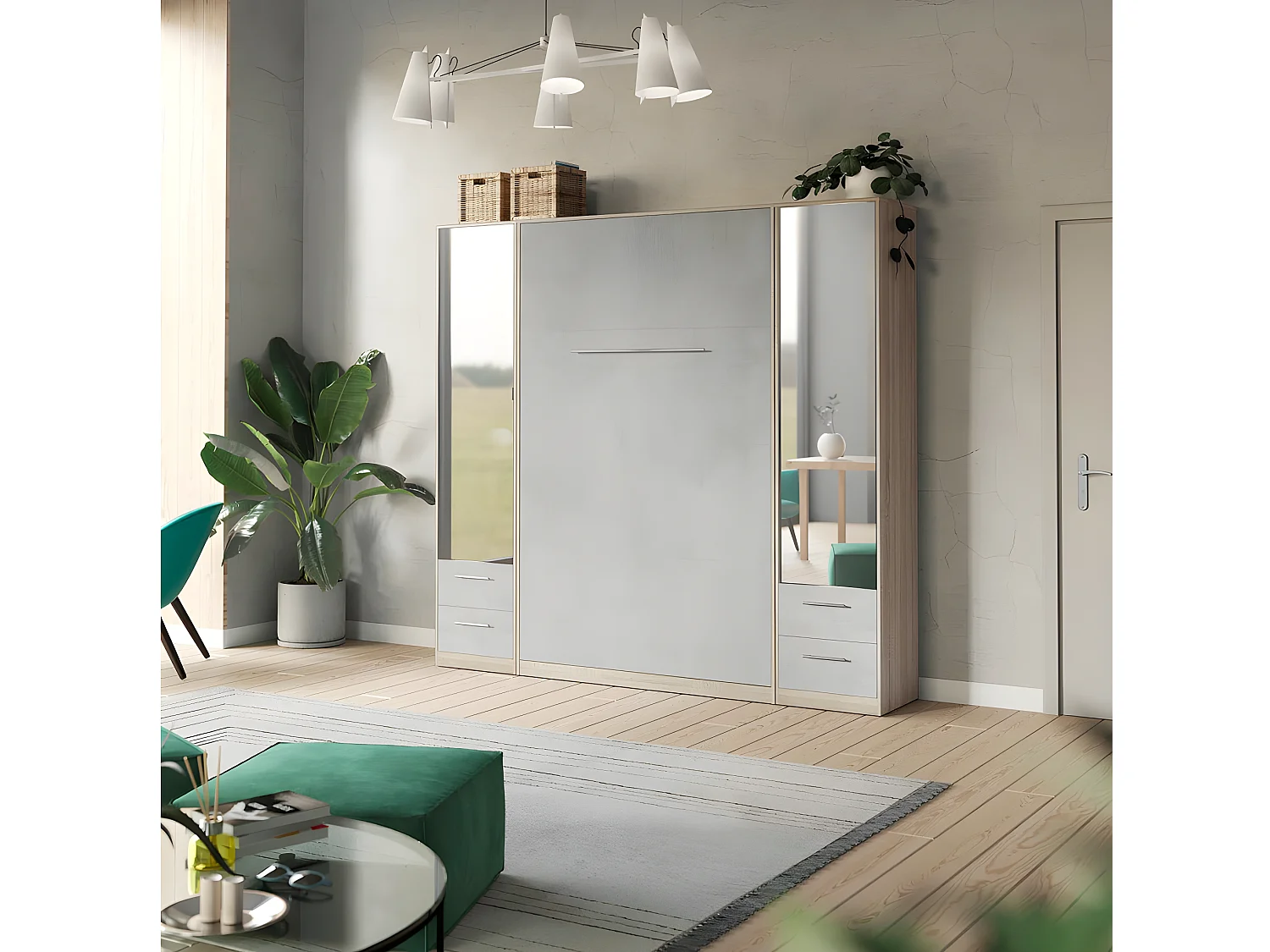 Lit escamotable +2 Placards Vertical 140x200+(50x2)cm Miroir Lit Mural Chêne Sonoma/Béton