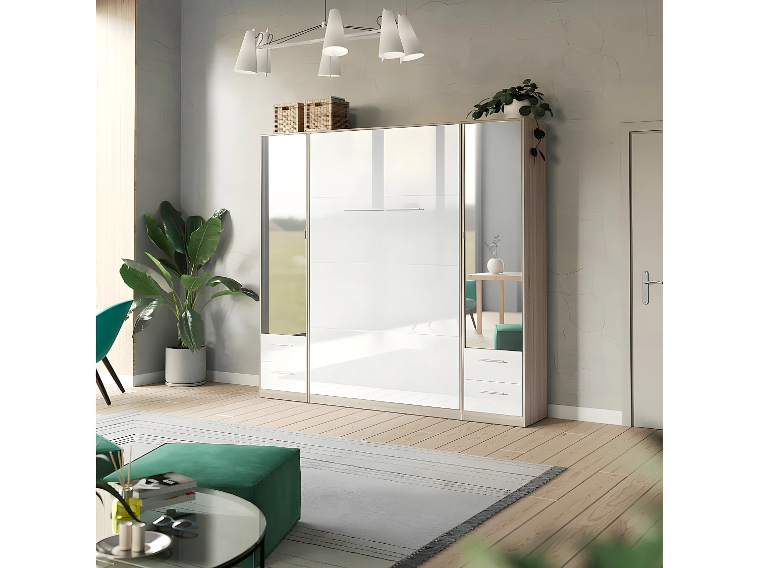 Lit escamotable +2 Placards Vertical 120x200+(50x2)cm Miroir Lit Mural Chêne Sonoma/Blanc brillant