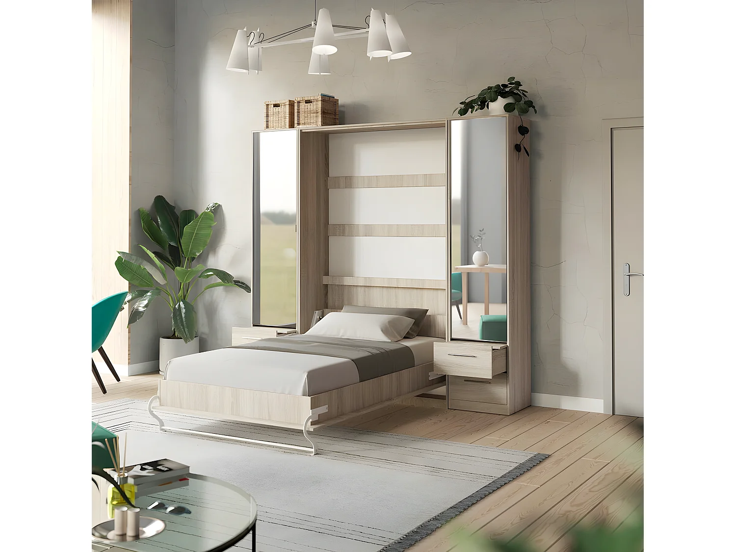 Lit escamotable +2 Placards Vertical 140x200+(50x2)cm Miroir Lit Mural Chêne Sonoma /Chêne Sonoma