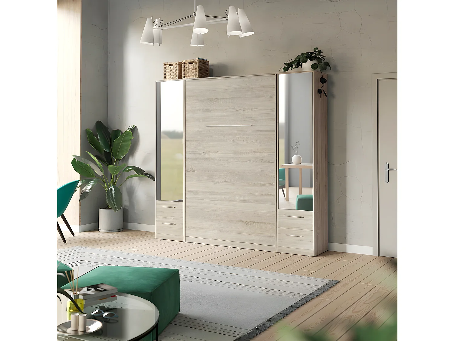 Lit escamotable +2 Placards Vertical 140x200+(50x2)cm Miroir Lit Mural Chêne Sonoma /Chêne Sonoma