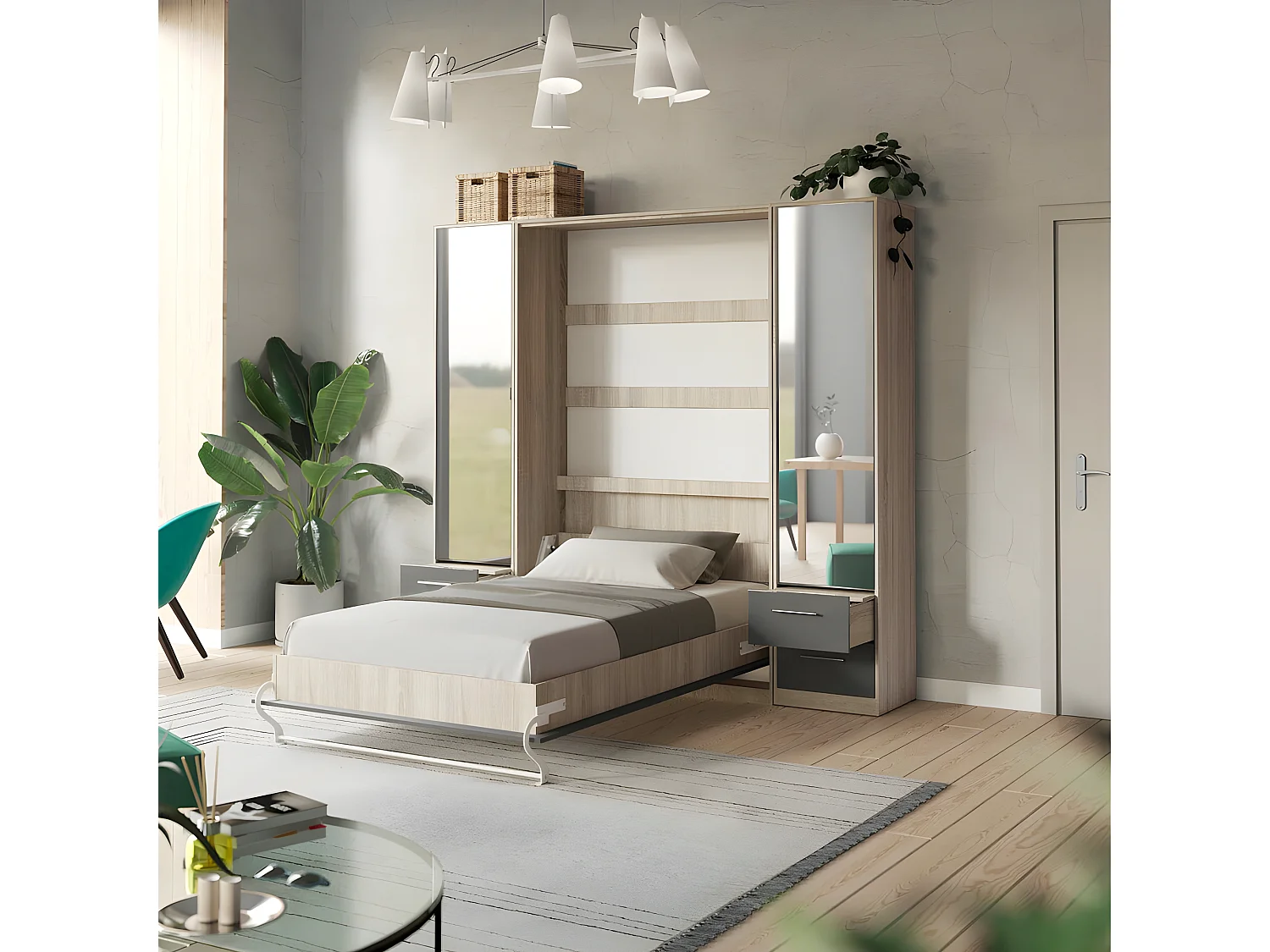 Lit escamotable +2 Placards Vertical 90x200+(50x2)cm Miroir Lit Mural  Sonoma/Anthracite brillant