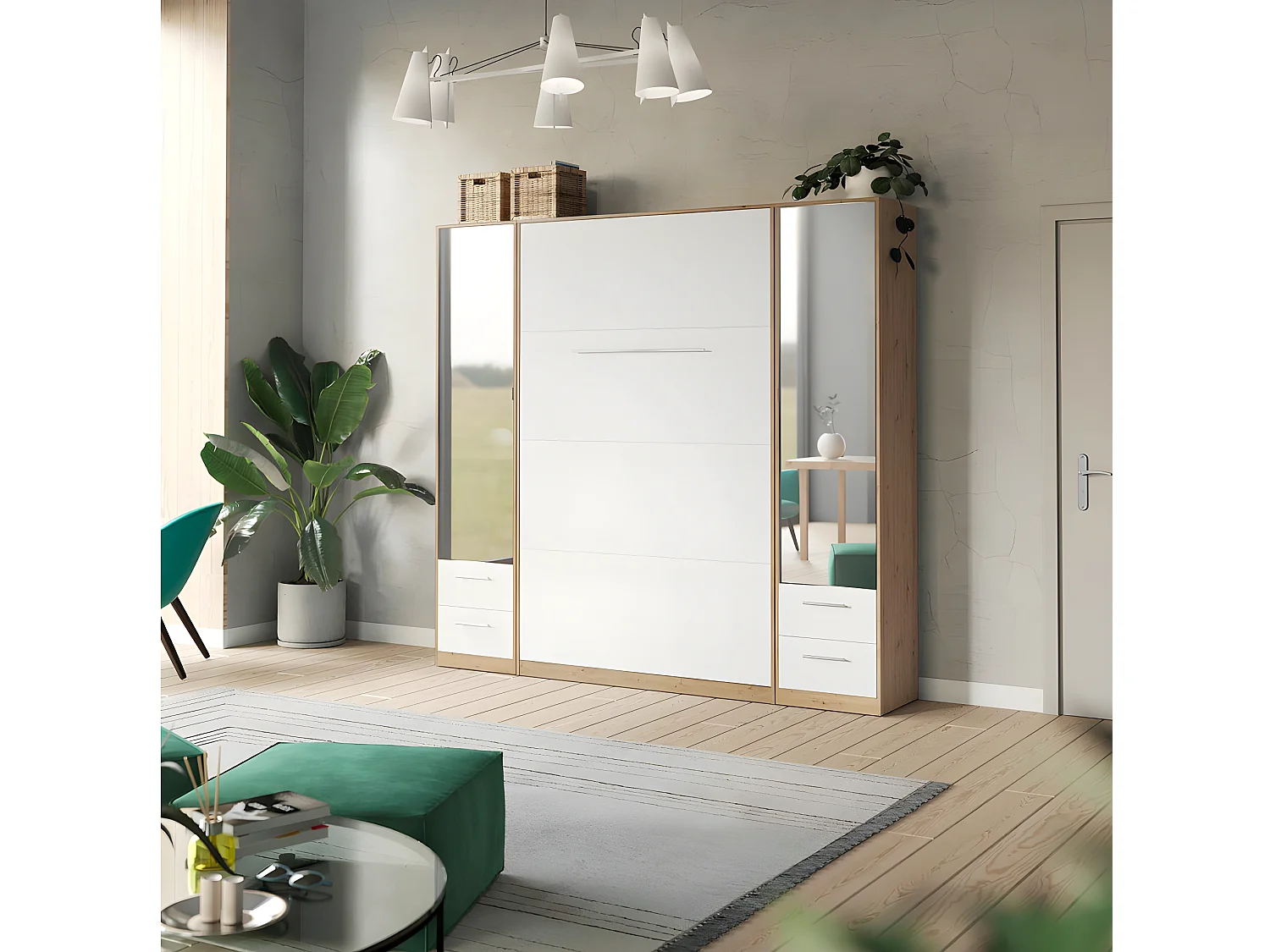 Lit escamotable +2 Placards Vertical 140x200+(50x2)cm Miroir Lit Mural Chêne Sauvage/blanc