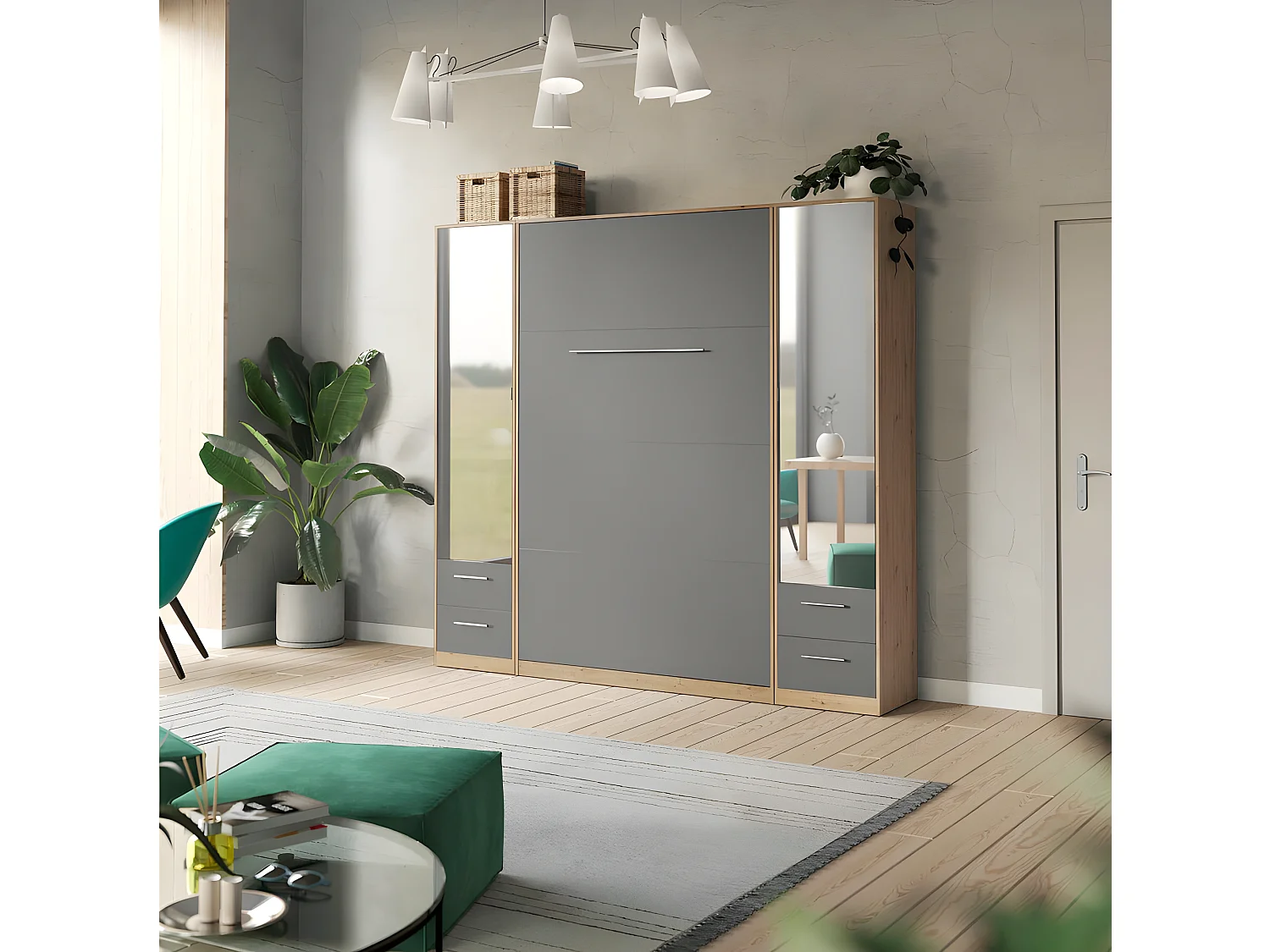 Lit escamotable +2 Placards Vertical 140x200+(50x2)cm Miroir Lit Mural Chêne Sauvage/Anthracite