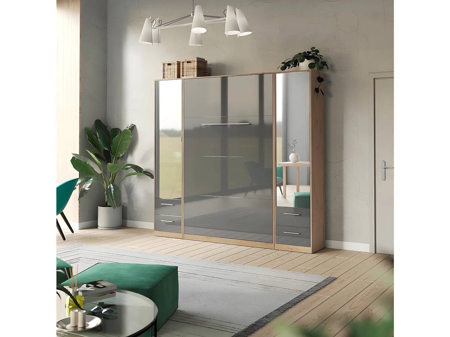 Lit escamotable +2 Placards Vertical 140x200+(50x2)cm Miroir Lit Mural Blanc/Anthracite Brillant