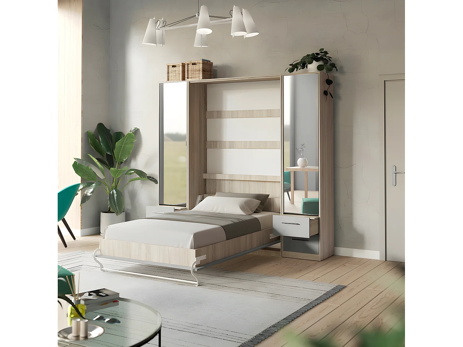 Lit escamotable +2 Placards Vertical 90x200+(50x2)cm Miroir Lit Mural  Chêne Sonoma/Béton