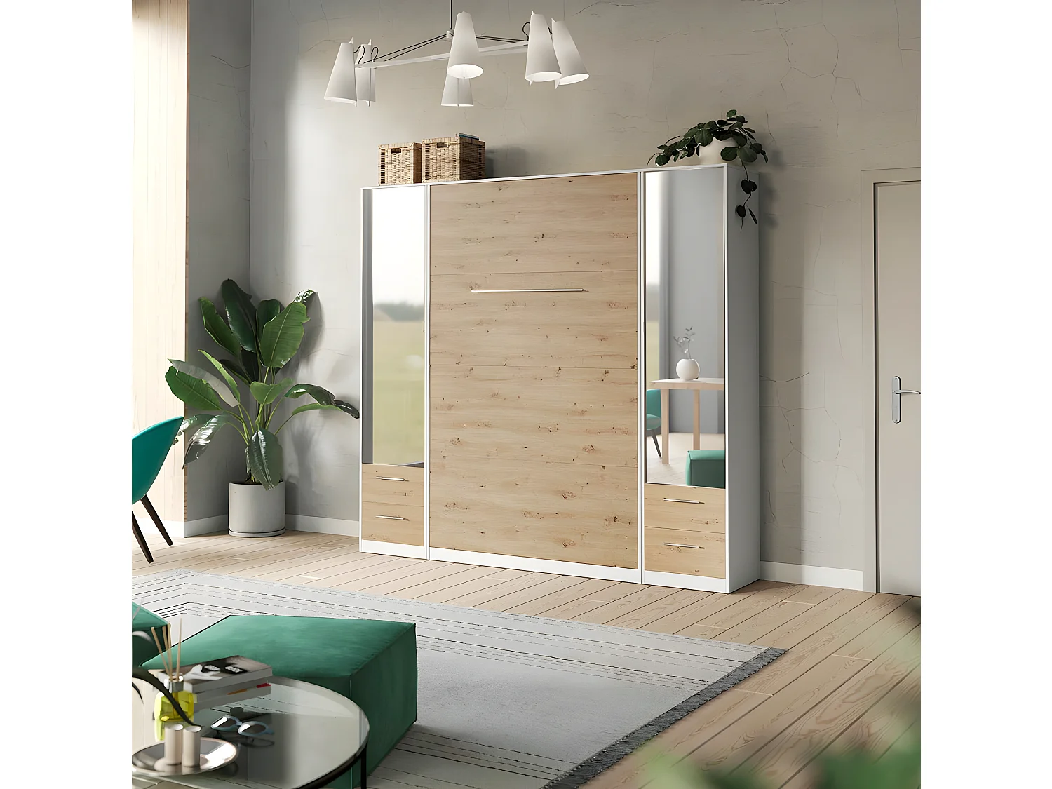 Lit escamotable +2 Placards Vertical 90x200+(50x2)cm Miroir Lit Mural  Blanc/Chêne Sauvage