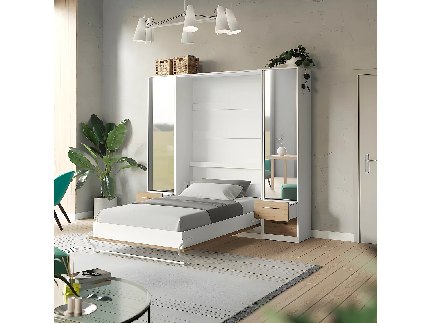 Lit escamotable +2 Placards Vertical 90x200+(50x2)cm Miroir Lit Mural  Blanc/Chêne Sauvage